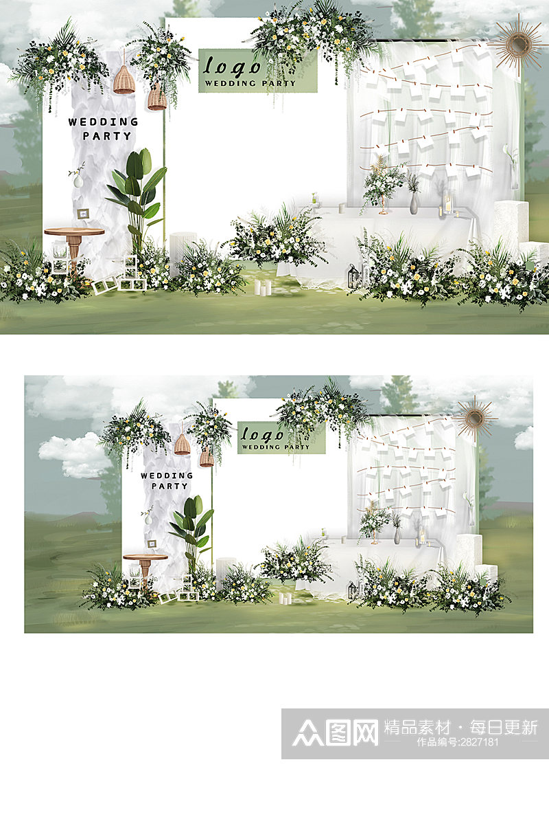 户外婚礼白色照片墙迎宾区主背景效果图素材