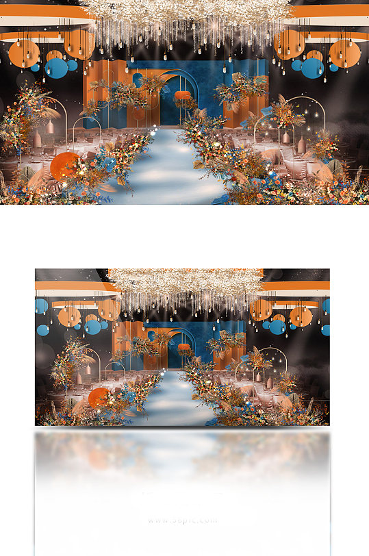 蓝橙莫兰迪婚礼舞台效果图-众图网