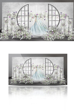 白紫色韩式婚礼留影区效果图