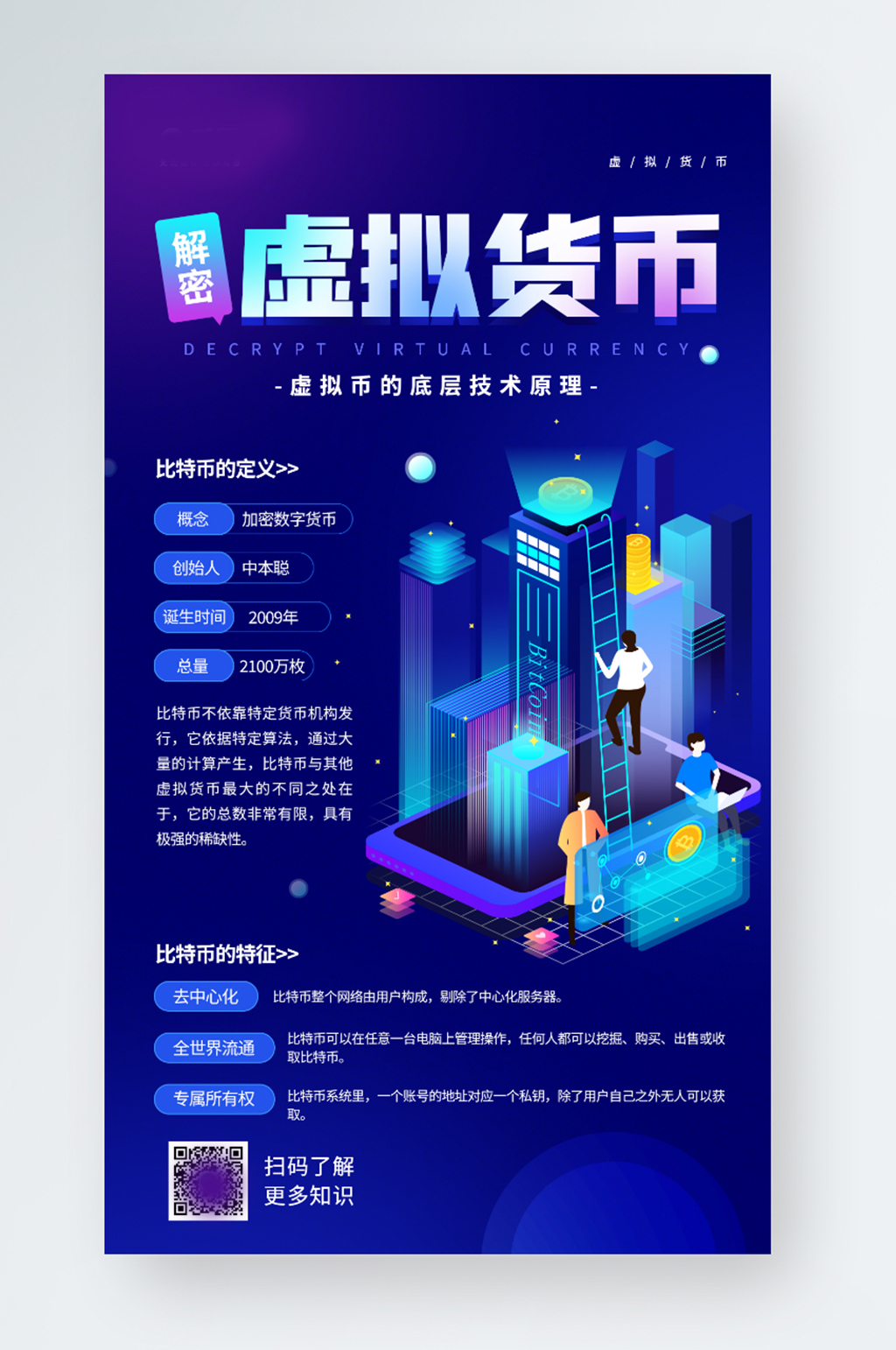 虚拟货币知识蓝色立体插画手机海报素材