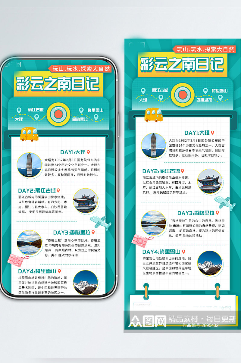 云南旅游出行带景点介绍手机长图海报素材