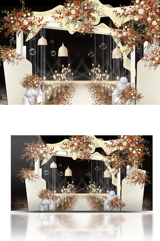 原创香槟色婚礼舞台仪式区效果图红色花艺-众图网