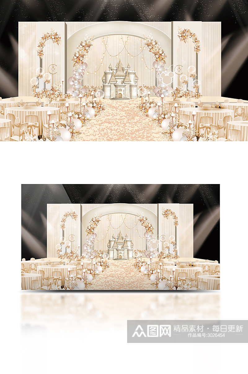 香槟色城堡婚礼舞台效果图素材
