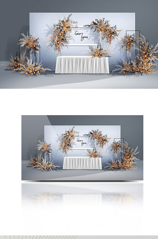 简约小清新蓝白橙撞色婚礼效果图迎宾签到区-众图网