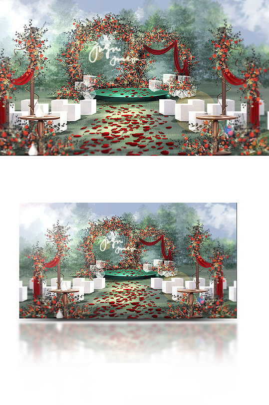 红色复古花园户外婚礼效果图-众图网