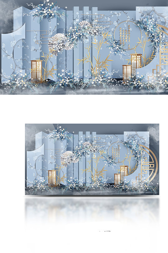 蓝色新中式婚礼效果图-众图网