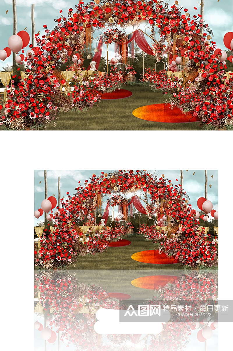 红色圆舞曲婚礼效果图迎宾区背景吊顶简约素材
