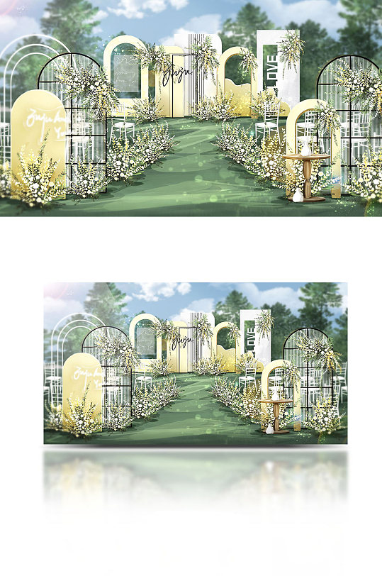 黄白撞色森系户外婚礼效果图-众图网