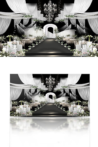 韩式白绿现代简约婚礼舞台效果图