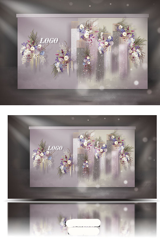原创泰式风格白紫灰调婚礼合影背景效果图
