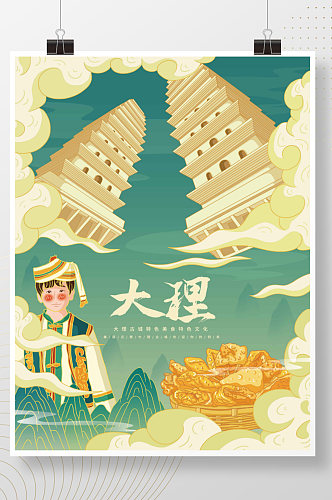 原创插画标题字中国风国潮大理古城旅游海报
