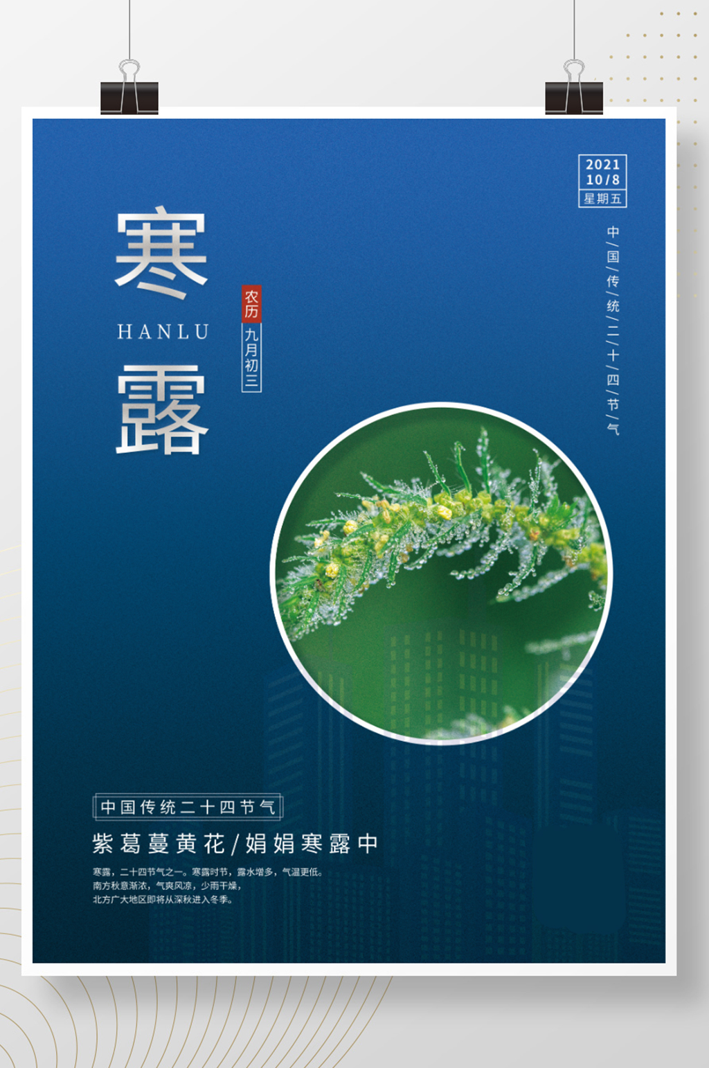 简约深蓝房地产传统二十四节气寒露节日海报素材