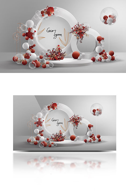 简约红白撞色宝宝宴生日气球派对婚礼效果图-众图网