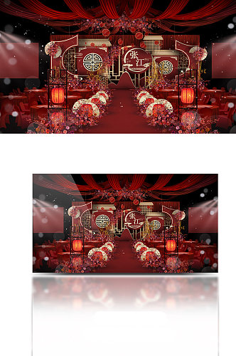 红色大气唯美中式传统婚礼舞台效果图