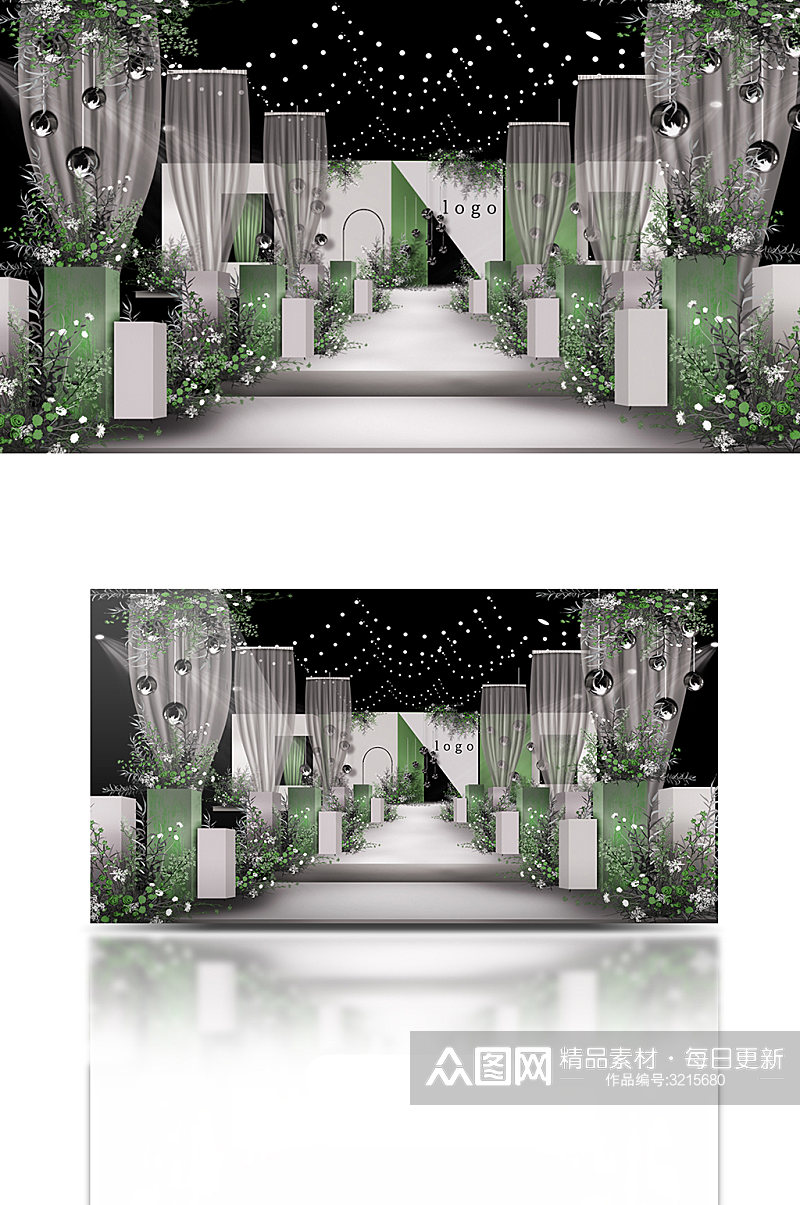 韩式白绿现代简约主题婚礼效果图素材