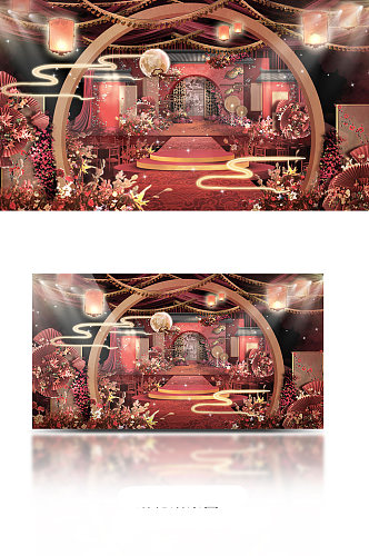 中式红金色婚礼舞台效果图中国风大气