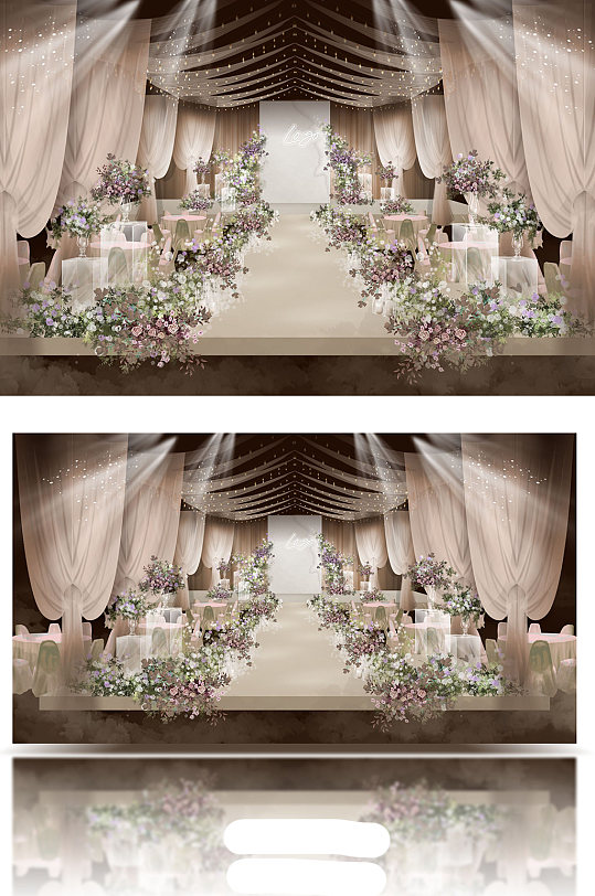 原创香槟色紫色清新韩式婚礼舞台效果图大气-众图网