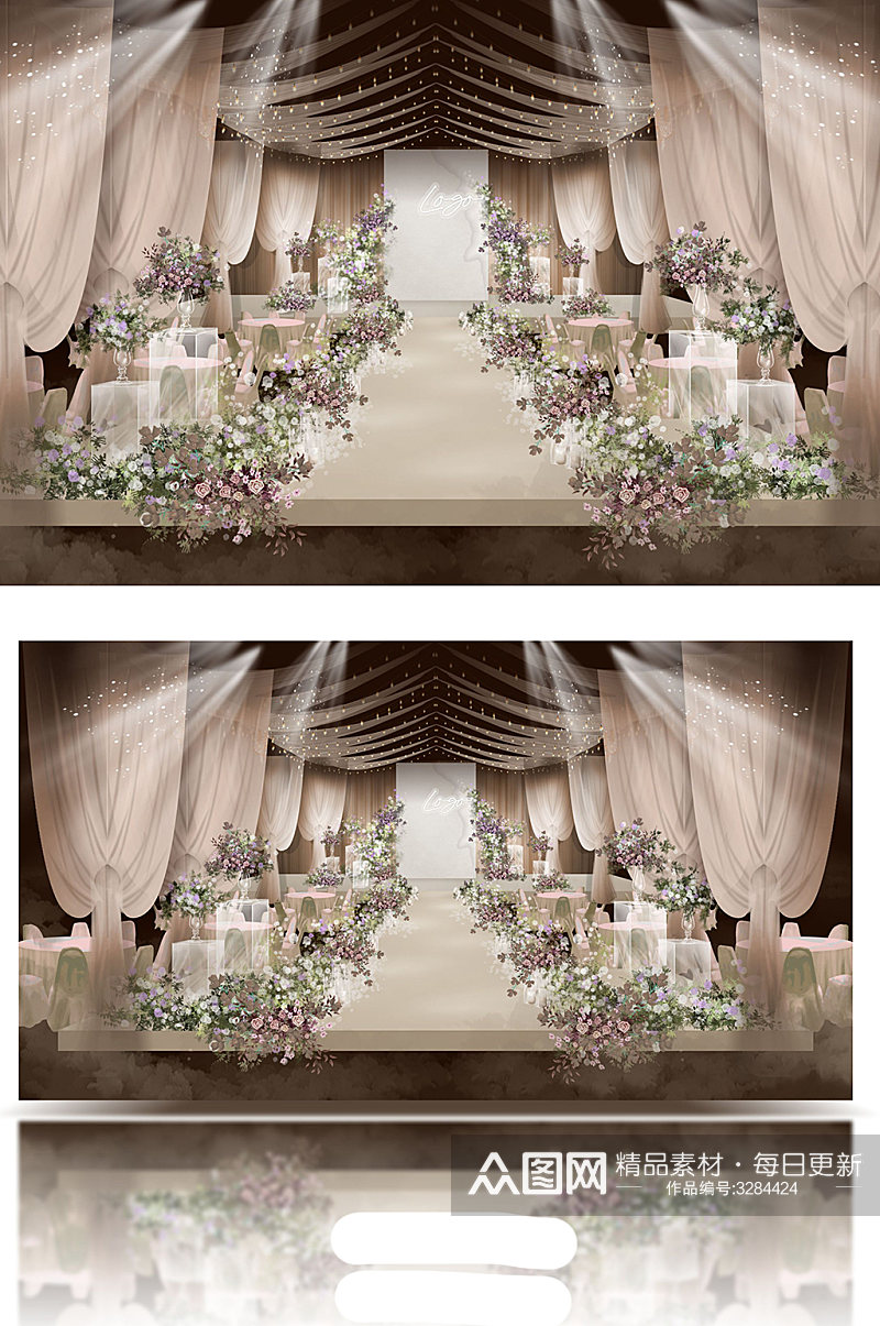原创香槟色紫色清新韩式婚礼舞台效果图大气素材