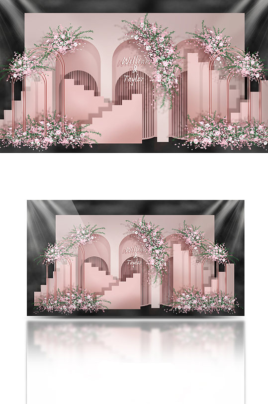 镂空拱门粉色婚礼效果图清新可爱背景迎宾-众图网