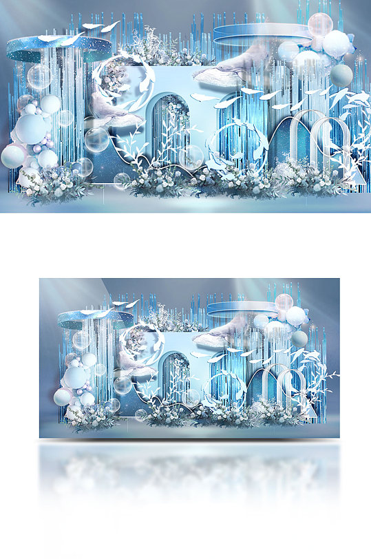 蓝色鱼群海洋主题合影区婚礼效果图清新浪漫-众图网