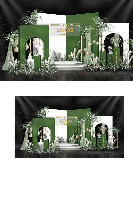 原创白绿色简约婚礼效果图迎宾背景浪漫-众图网