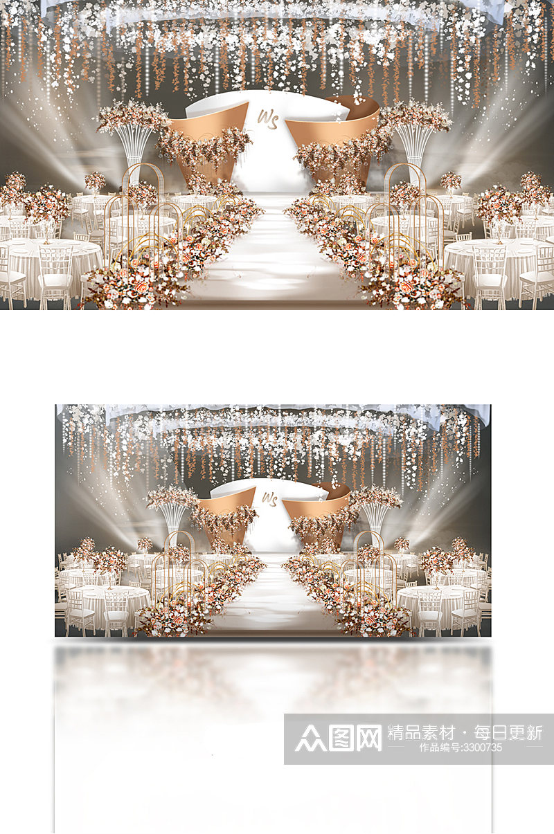曲面白橙色泰式婚礼舞台效果图大气香槟色素材