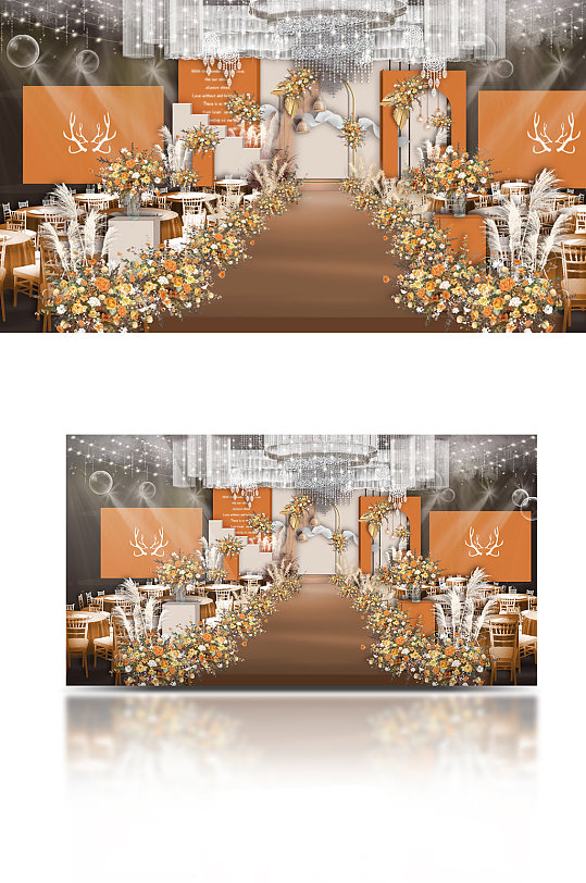 原创橙色婚礼效果图简约大气室内温馨浪漫-众图网