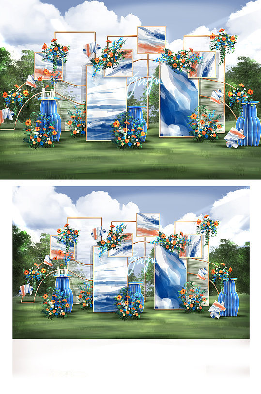 户外撞色蓝色油画水彩风婚礼效果图-众图网