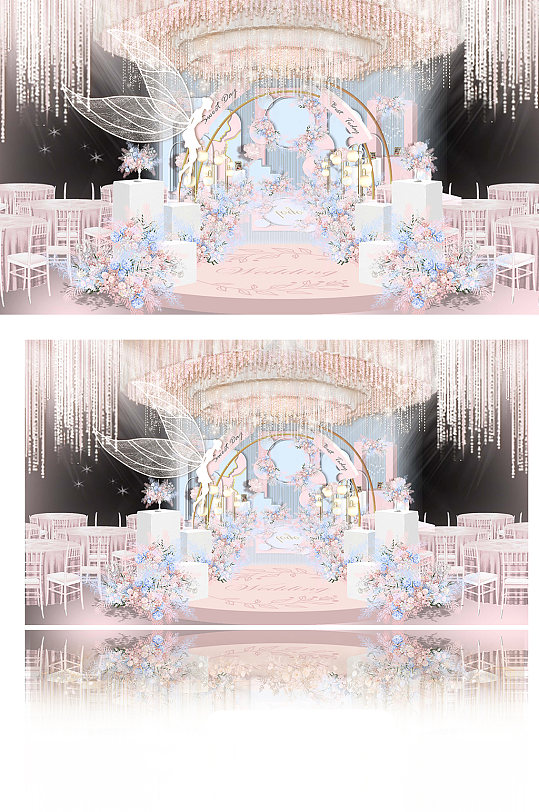 蓝粉色少女心婚礼效果图可爱清新卡通-众图网