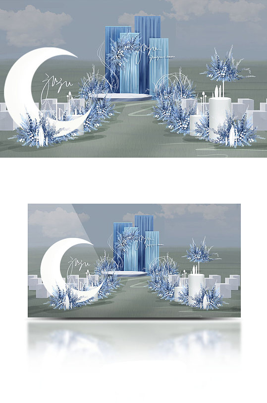 梦幻海洋蓝色户外婚礼效果图浪漫草坪-众图网