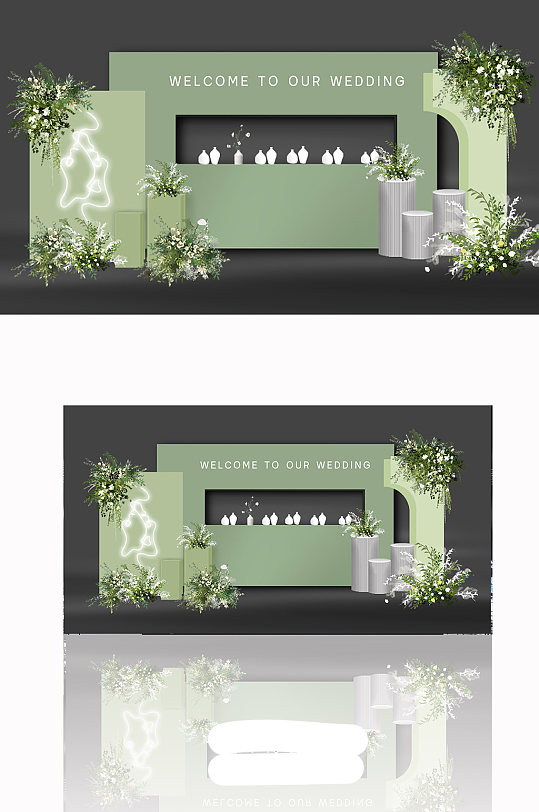 牛油果绿小清新婚礼现代迎宾区效果图浪漫-众图网