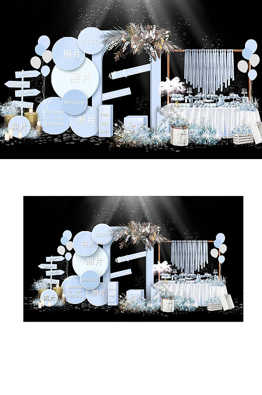 蓝色简约异形户外婚礼甜品区迎宾清新可爱-众图网