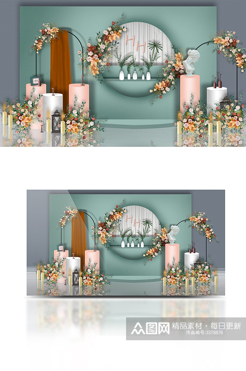 粉蓝色婚礼迎宾区效果图欧式轻奢迎宾背景板素材