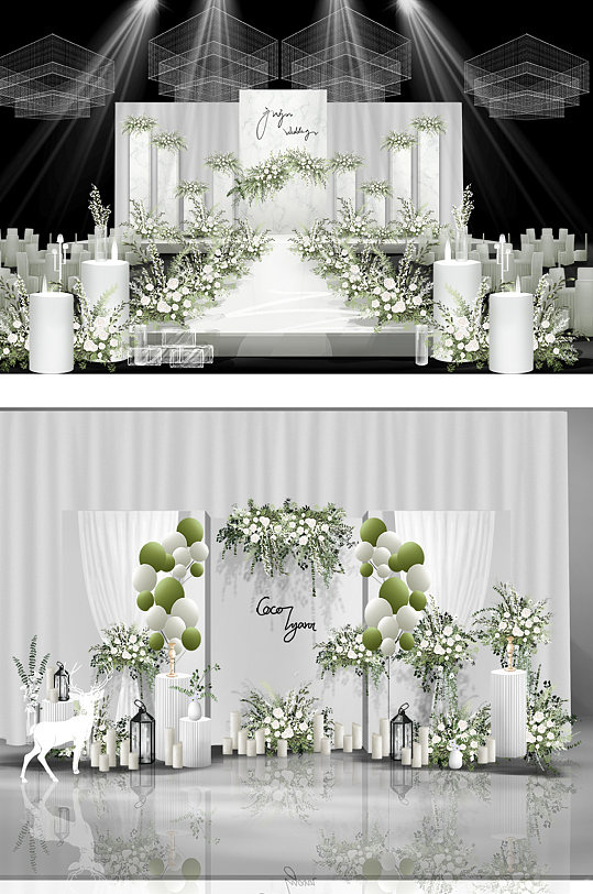 森系白色大理石婚礼效果图简约迎宾背景-众图网