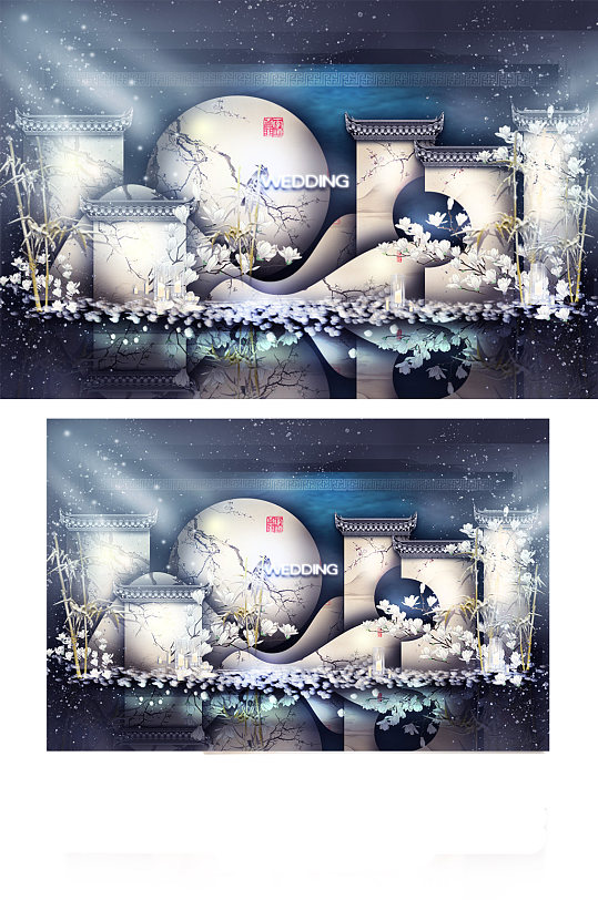 新中式婚礼合影区效果图中国风梦幻蓝色-众图网