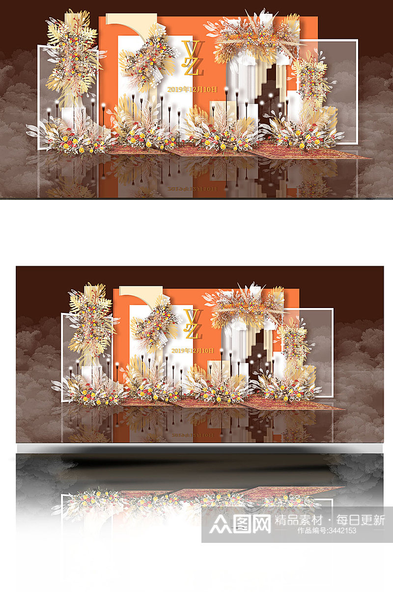橘色婚礼效果图设计简约迎宾温馨浪漫背景板素材