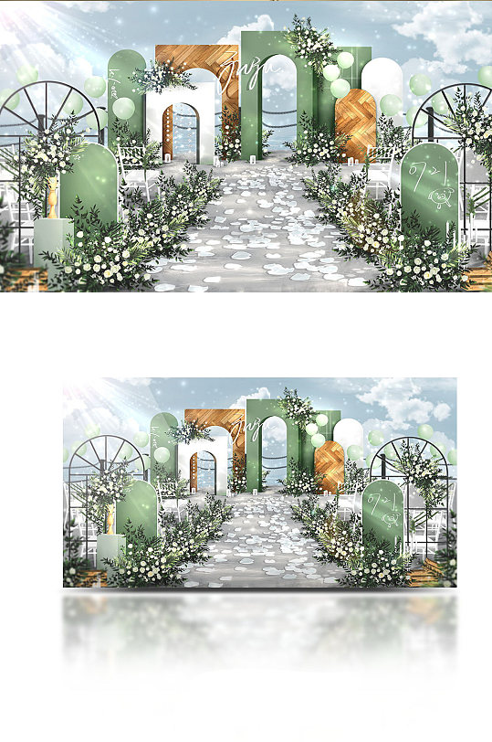 白绿森系木纹户外婚礼效果图海边婚礼浪漫