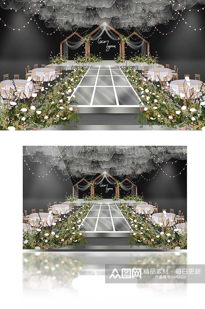 白绿色森系韩式纱幔吊顶透明婚礼效果图素材