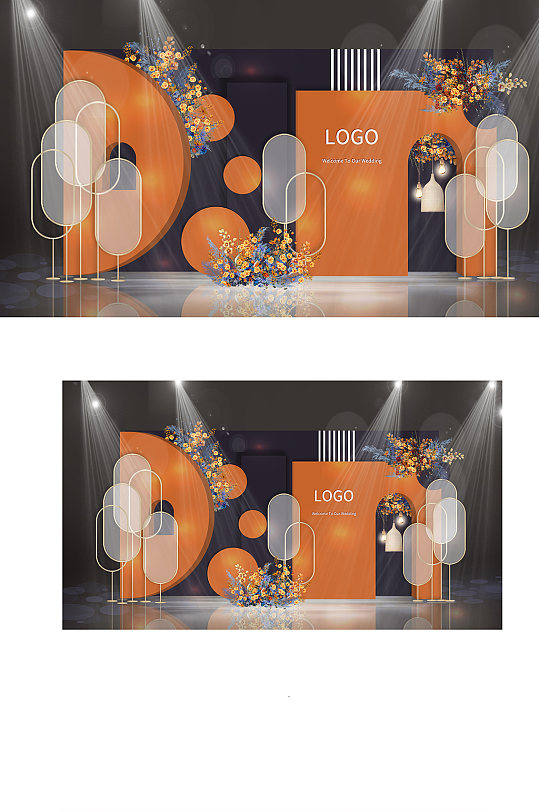 简约迎宾背景板橘色简约婚礼效果图-众图网