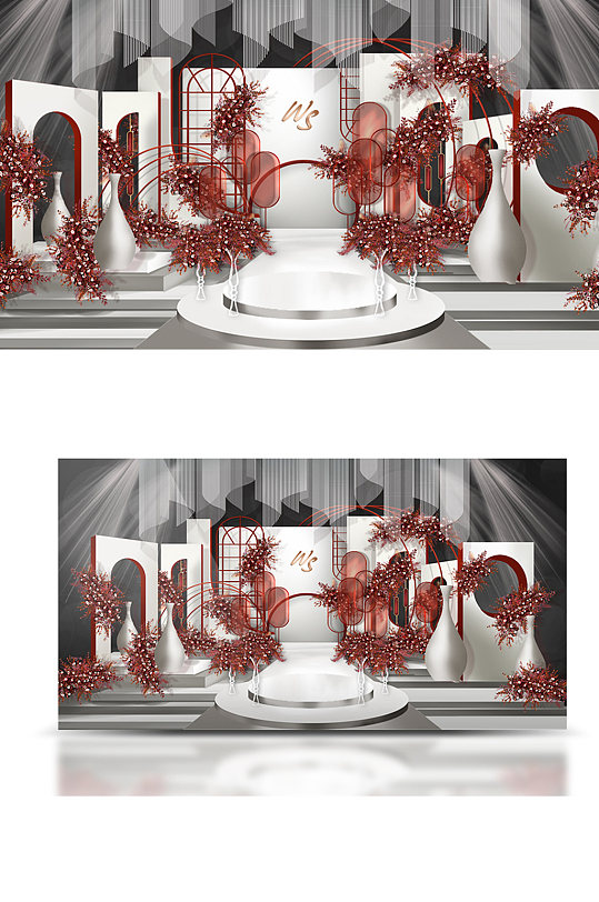 红白色婚礼效果图温馨大气浪漫舞台-众图网