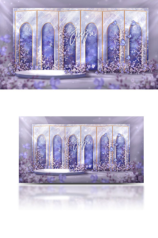 复古欧式油画风迎宾区蓝紫色婚礼效果图浪漫-众图网