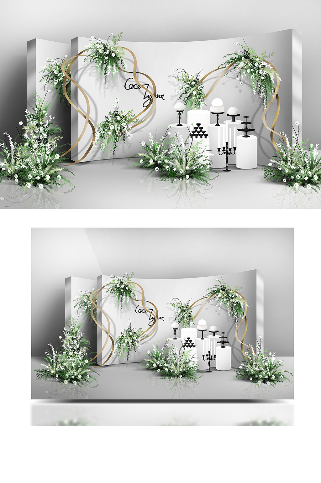 白绿色小清新花艺弧形喷绘婚礼效果图甜品素材