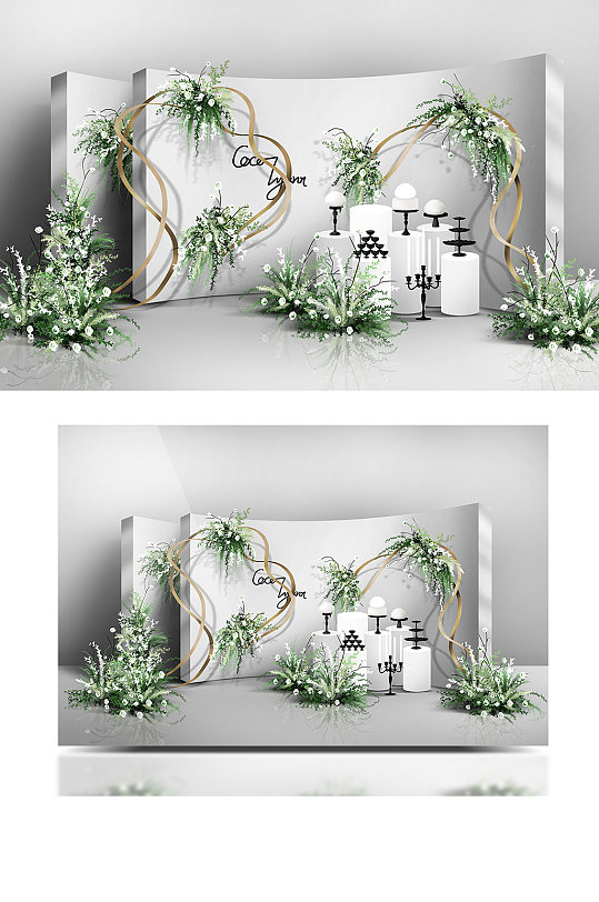 白绿色小清新花艺弧形喷绘婚礼效果图甜品