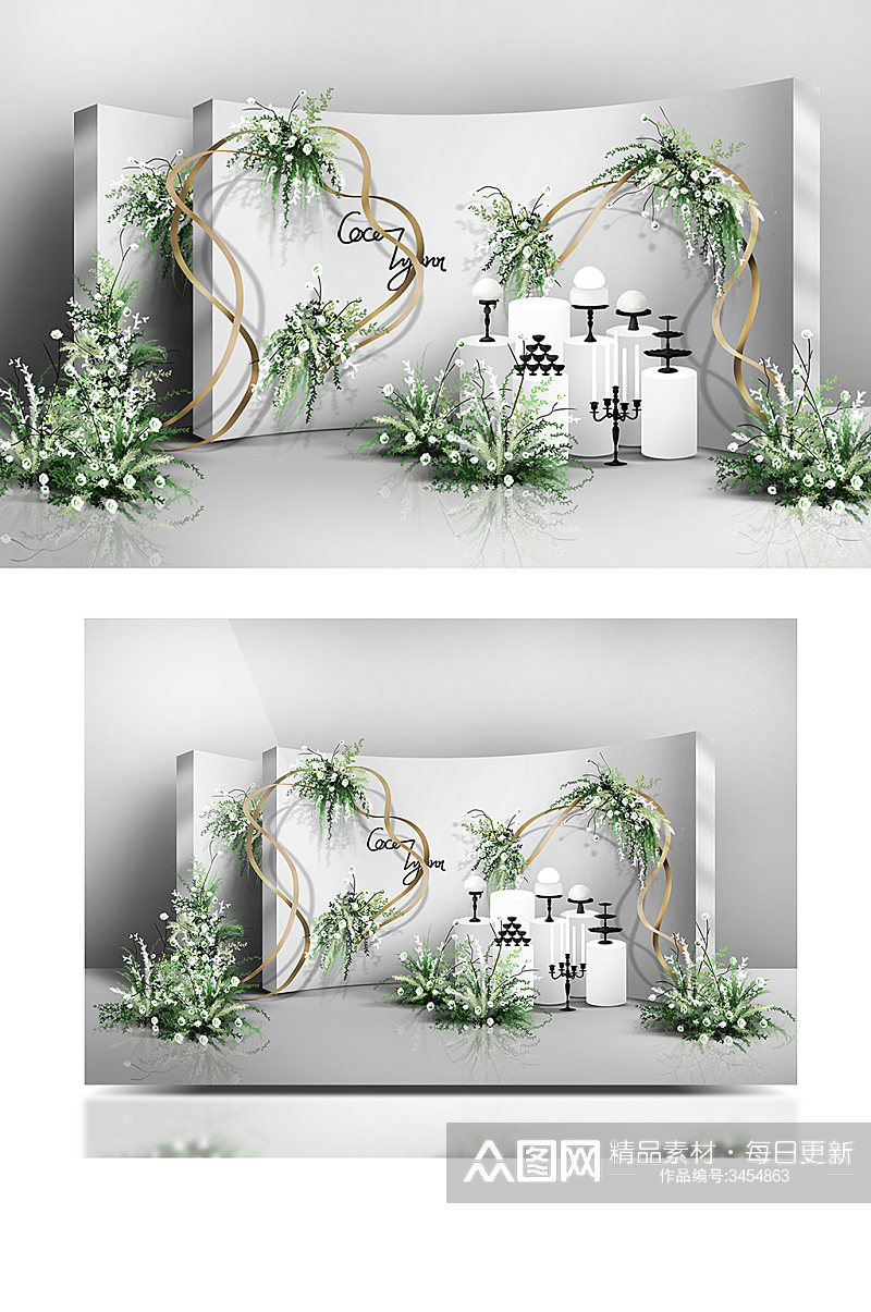 白绿色小清新花艺弧形喷绘婚礼效果图甜品素材