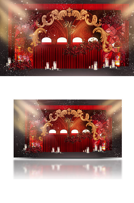 收礼台效果图迎宾签到区温馨红色中式浪漫-众图网