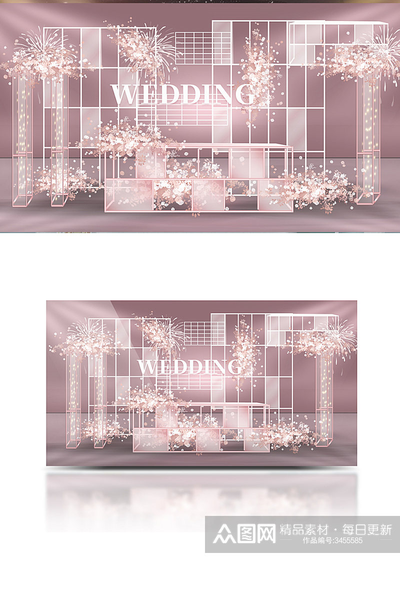 浪漫粉色婚礼效果图设计迎宾背景板温馨可爱素材