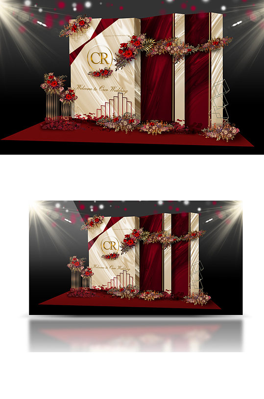 流光溢彩几何红金婚礼迎宾区效果图红色-众图网
