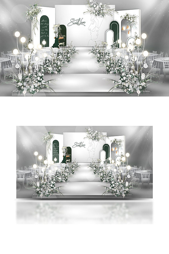 韩式简约浪漫小清新白绿色婚礼效果图-众图网