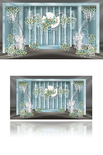 蓝色简约婚礼效果图设计迎宾背景板温馨浪漫