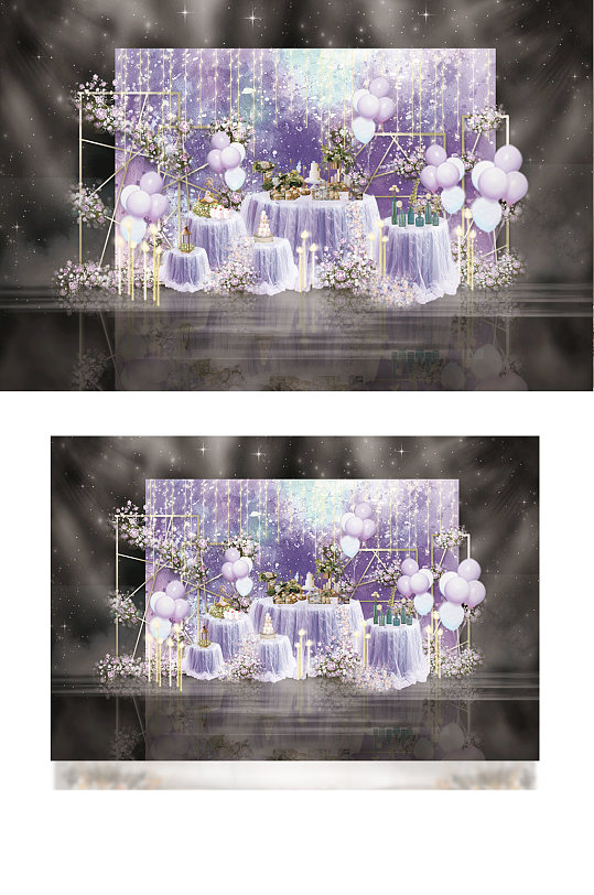紫色水彩简约线条婚礼甜品工装效果图梦幻